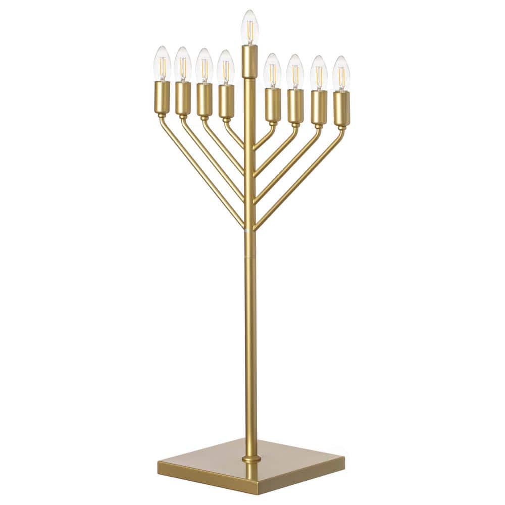 Vintiquewise Gold Finish Hanukkah Menorah with LED Light Bulbs Hanukkah Candles and Remote Control for Easy Daily Lighting Sequence