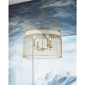 Park Slope 60-Watt 5-Light Nouveau Gold Cage Pendant Light with Faux Alabaster Ring and No Bulbs Included