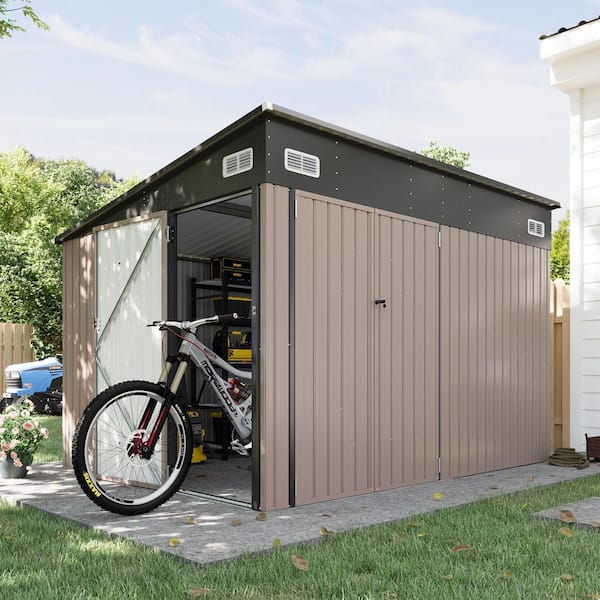 Black 10 ft. W x 8 ft. D Outdoor Lean to Storage Metal Shed with 3 Lockable Doors, Air Vents for Garden (80 sq. ft. )