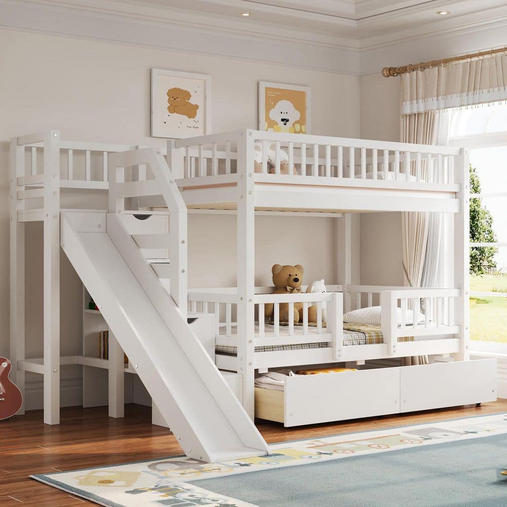 Dramora Modern White Twin Over Twin Wood Frame Bunk Bed with Storage Staircase, Slide and Drawers price history on PriceWatchPro