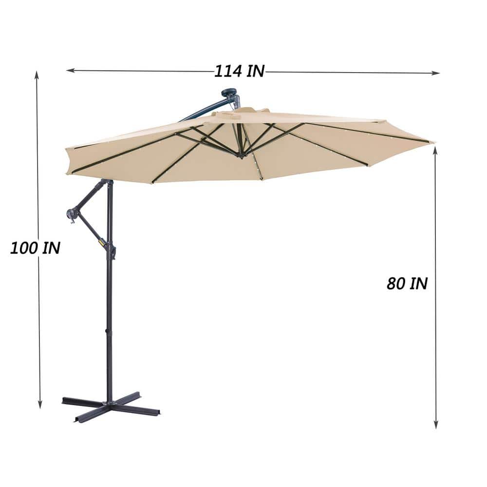 10 ft. Solar LED Patio Outdoor Umbrella Hanging Cantilever Umbrella in Tan 
