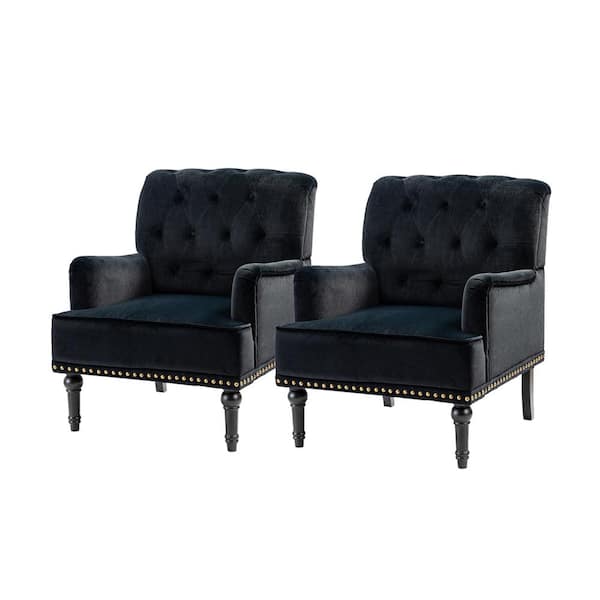 JAYDEN CREATION Enrica Black Tufted Comfy Velvet Armchair with Nailhead Trim and Rubberwood Legs (Set of 2)
