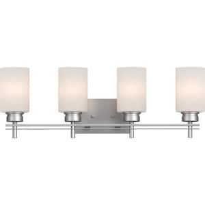 Carena 4-Light Indoor Nickel Bath or Vanity Light Bar or Wall Mount with Etched White Cased Glass Cylinder Shades