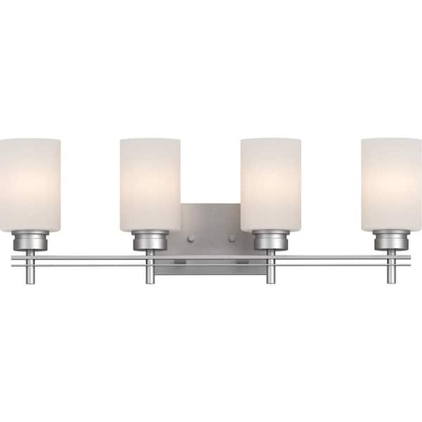 Volume Lighting Carena 4-Light Indoor Nickel Bath or Vanity Light Bar or Wall Mount with Etched White Cased Glass Cylinder Shades