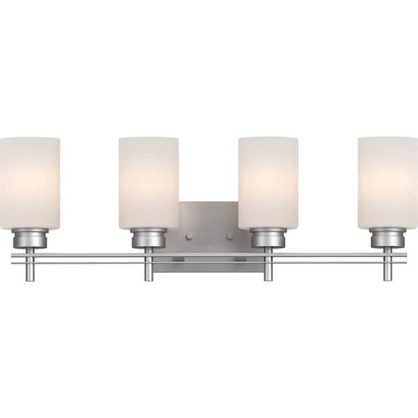 Carena 4-Light Indoor Nickel Bath or Vanity Light Bar or Wall Mount with Etched White Cased Glass Cylinder Shades