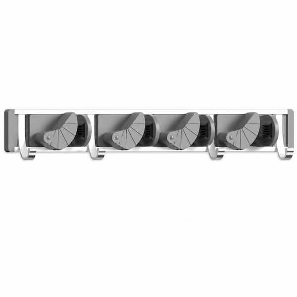 Silver Mop and Broom Holder Wall Mount, Metal Pantry Organizer with 4 Hooks for Kitchen and Garden Storage