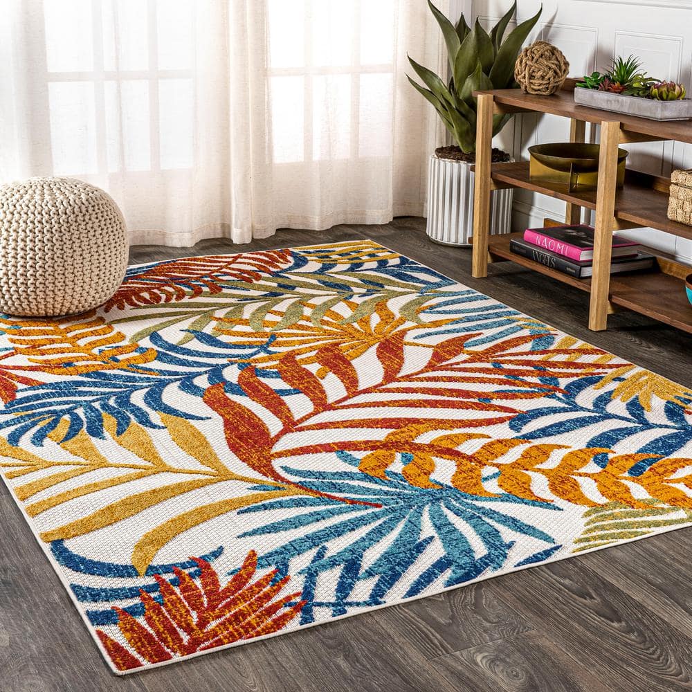 Cream and Orange Palm Leaves Synthetic 4' x 6' Area Rug
