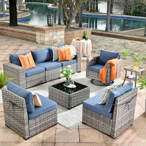 HOOOWOOO Tahoe Grey 8-Piece Wicker Outdoor Patio Conversation Sofa Set with a Swivel Rocking Chair and Denim Blue Cushions