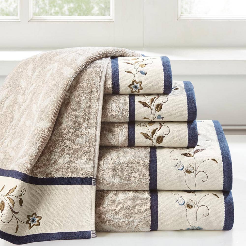 6-Piece Navy Embroidered Jacquard 100% Cotton Bath Towel Set, Oeko