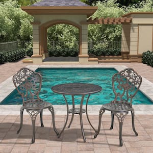 3-Piece Antique Bronze Cast Aluminum Outdoor Patio Bistro Set with Round Standard Height Table and 2-Armless Chairs