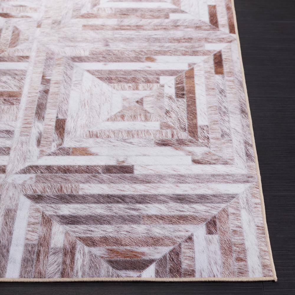 Beige and Brown Faux Fur Geometric 6' x 9' Area Rug