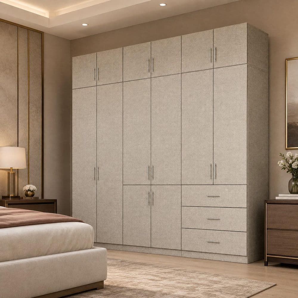 Homsee Beige-G Wood 94.5 in. Armoire with 5-Drawer, Hanging Rods