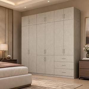 Beige-G Wood 94.5 in. Armoire with 5-Drawer, Hanging Rods, Shelves, Top Cabinets, Linen Finish for Bedroom Storage