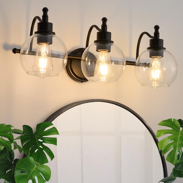 Deyidn 22.4 in. 3-Light Black Vanity Light with Clear Glass Shade, Modern Bathroom Vanity Light