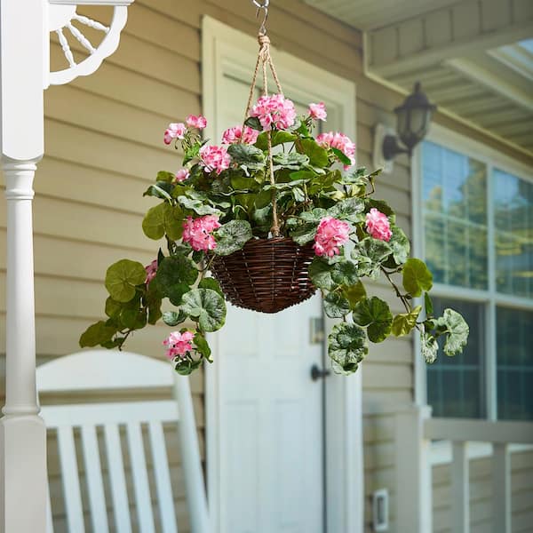 Pure Garden Faux Hot Pink Geranium Flower Arrangement With Hanging Basket Hw The Home Depot