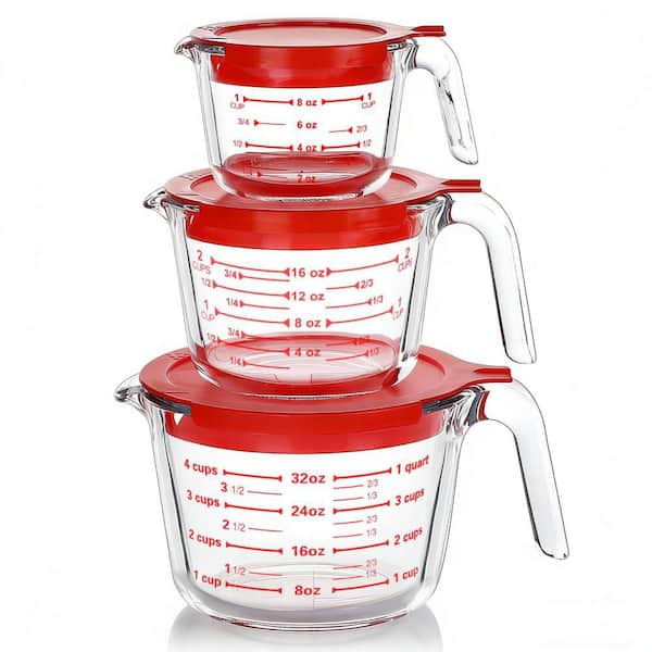1-Cup, 2-Cup, 4-Cup Glass Measuring Cup Set with Lids, Handle and Nesting Liquid for Kitchen (6-Pack)