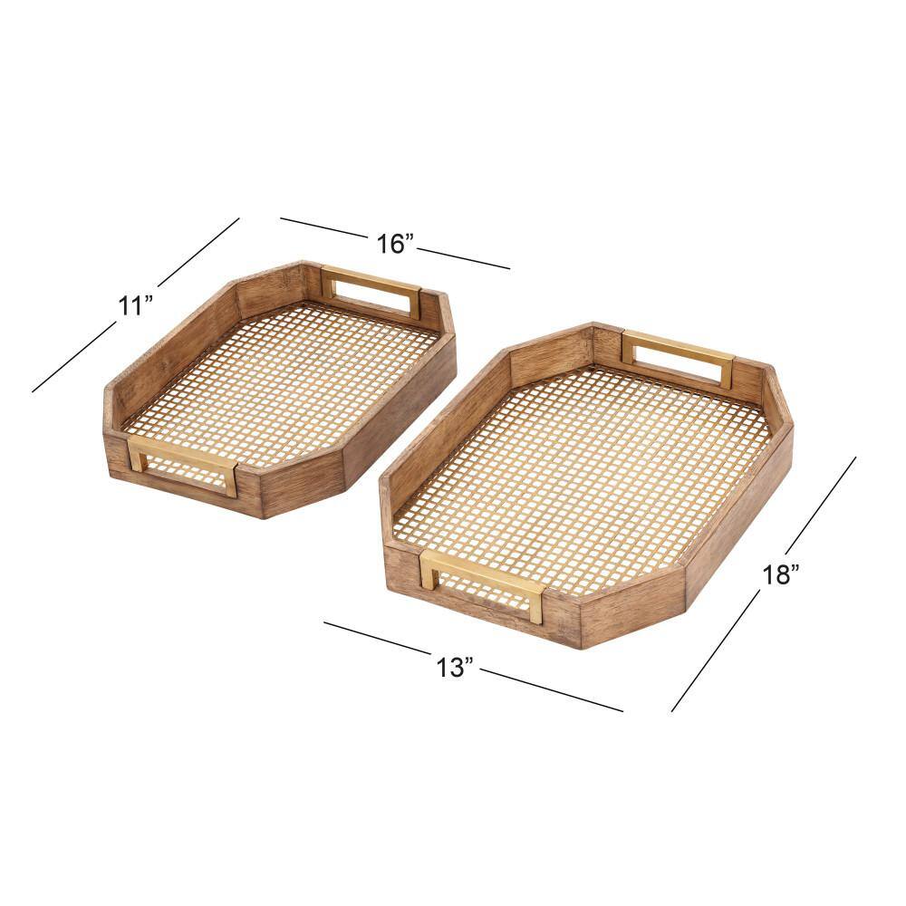 Light Brown Wood and Metal Mesh Decorative Trays, Set of 2
