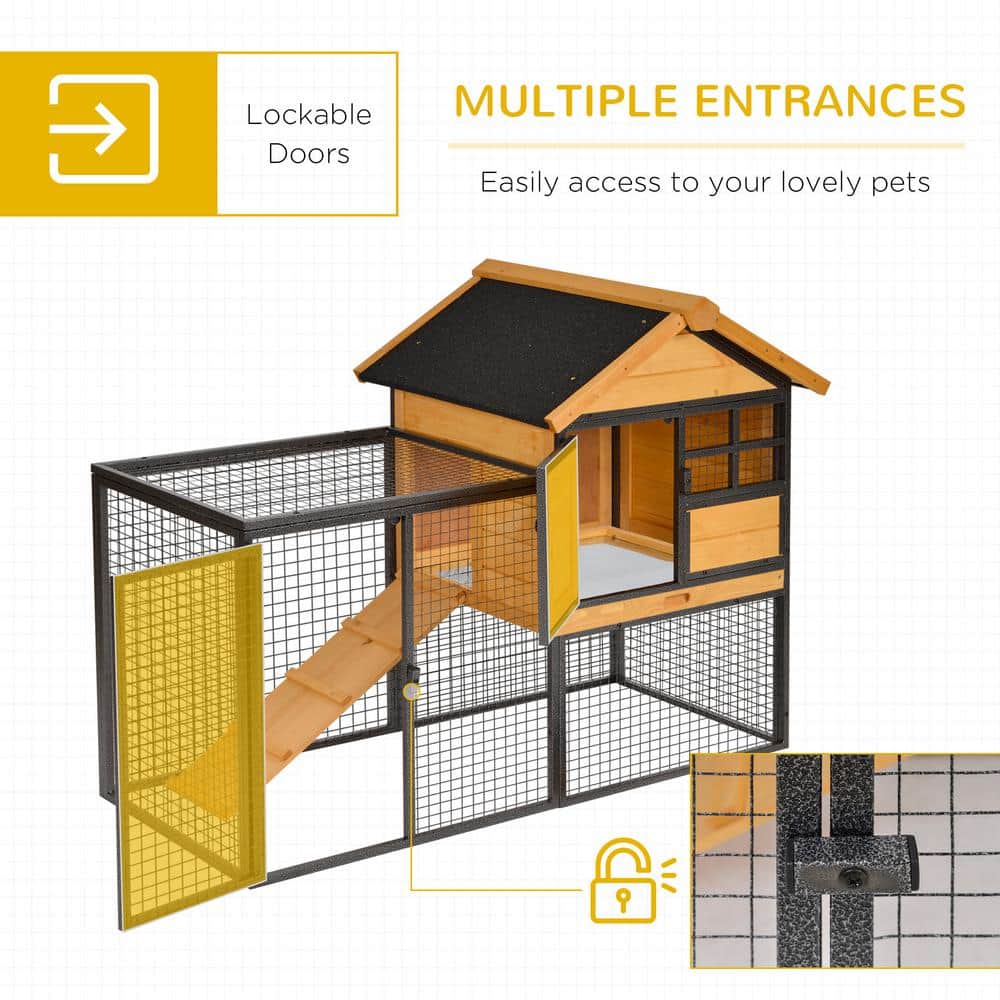Natural Fir Wood and Metal 2-Level Rabbit Hutch with Asphalt Roof