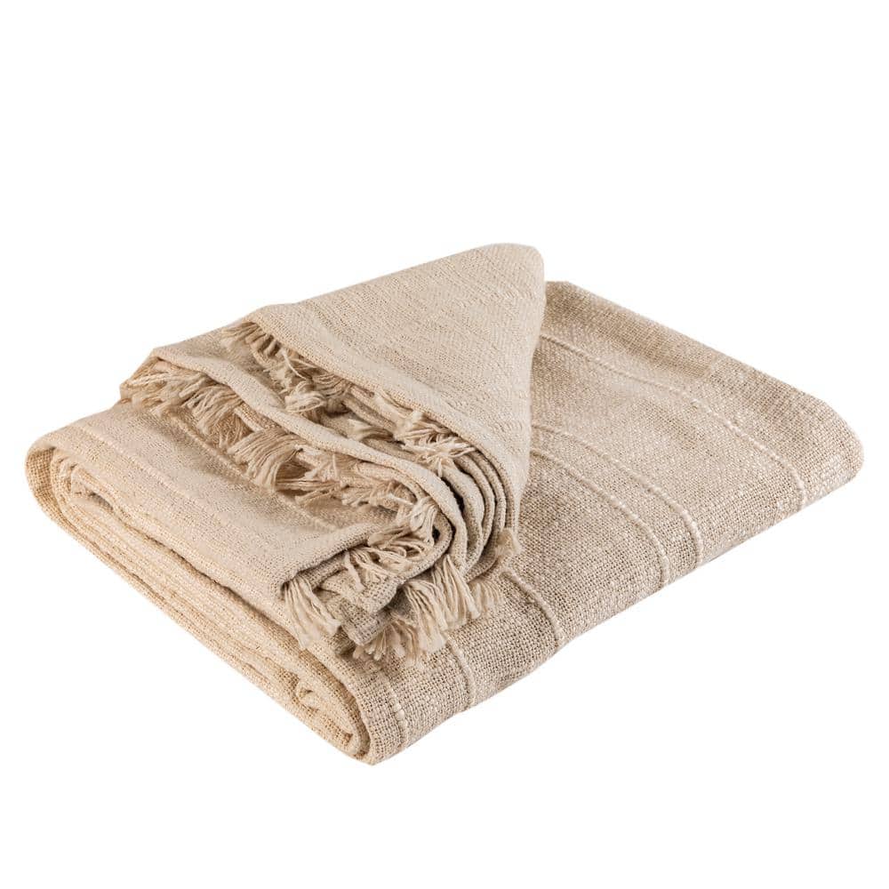 Blush and White Cotton Knotted Fringe Throw Blanket, 50x60