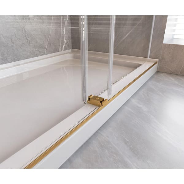 56-60 in. W x 66 in. H Double Sliding Frameless Bathtub Door in Brushed Gold with 3/8 in. Tempered Clear Glass