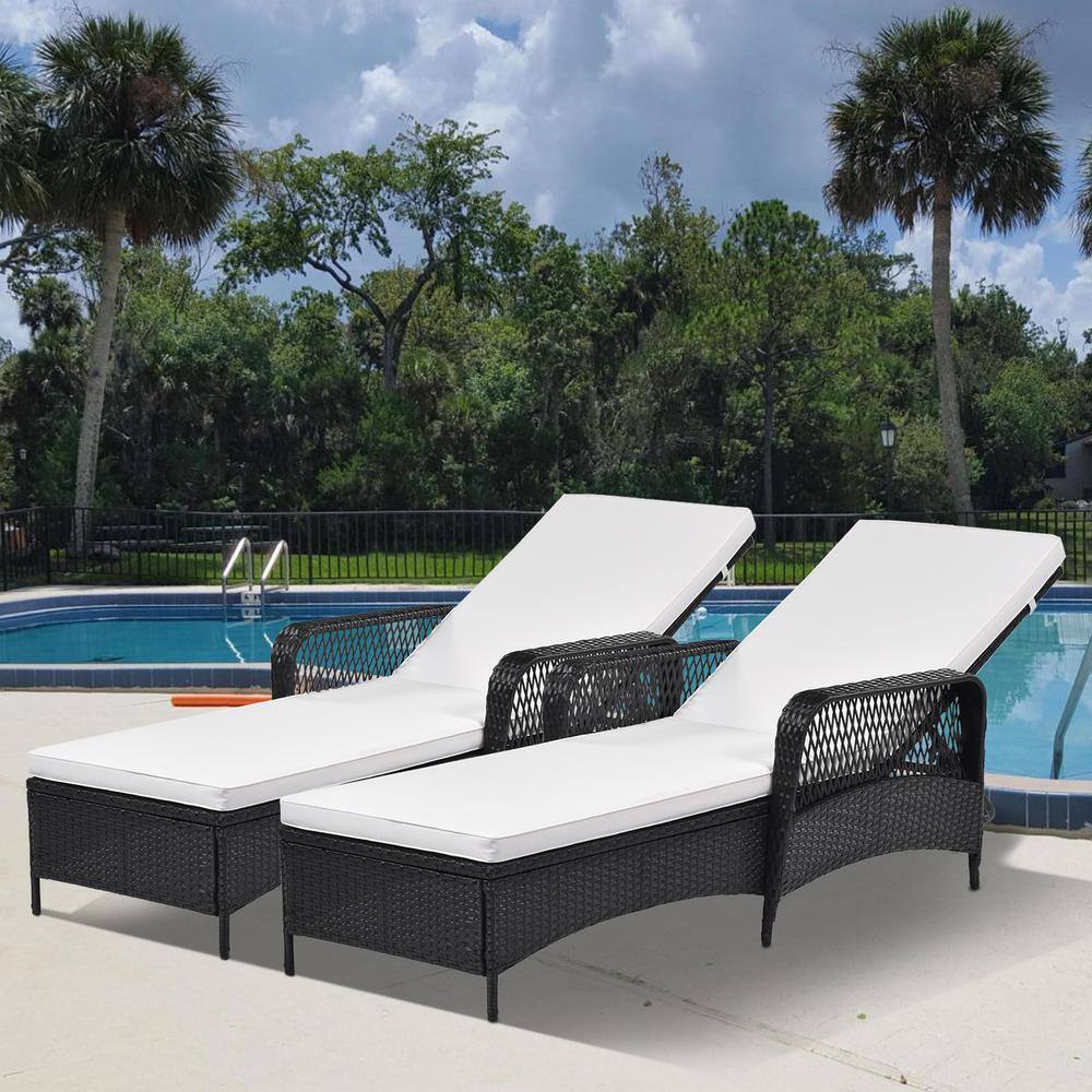 Summer Rattan Wicker Outdoor Patio Pool Black Chair Sun Lounger Adjustable Backrest W/Beige Removable Cushions (2 Sets) price history on PriceWatchPro