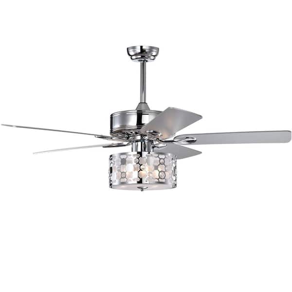 HKMGT 52 in. Indoor Chrome Ceiling Fan with Crystal Lampshade, 2-Color-Option Blades and Remote Included