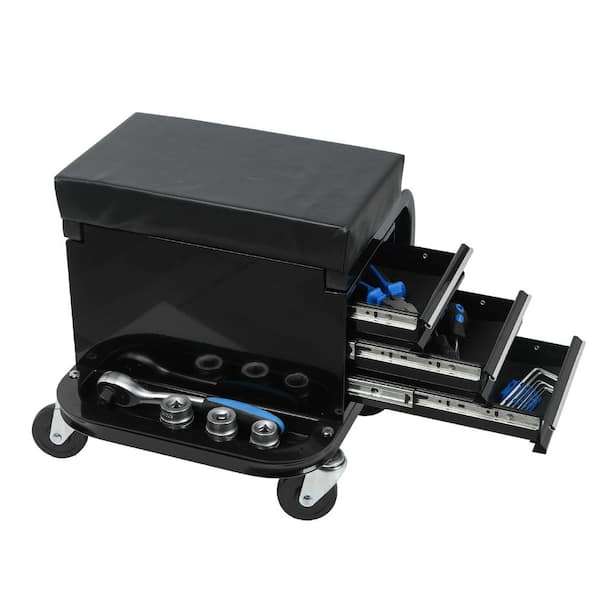 350 lb. Capacity Black Steel Rolling Creeper, Garage Mechanics Chair with Tool Tray and 3 Built-in Drawers