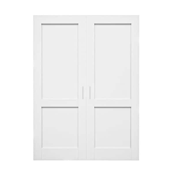 56 in. x 80 in. (Double 28 in.) French Door 2 Panels White Solid Core Wood Bi-fold Door With Ball Catch