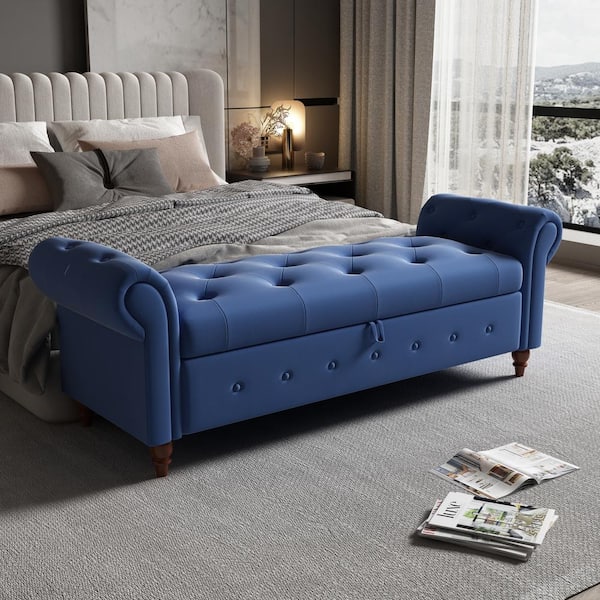 Harper & Bright Designs Navy Blue Tufted Armed Storage Bedroom Bench 24.4 in. H x 63 in. W x 22 in. D