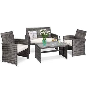 4-piece Wicker Outdoor Sectional Set Patio Rattan Chairs with White Cushions