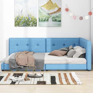 Blue Wood Frame Queen Size Platform Bed with USB Ports