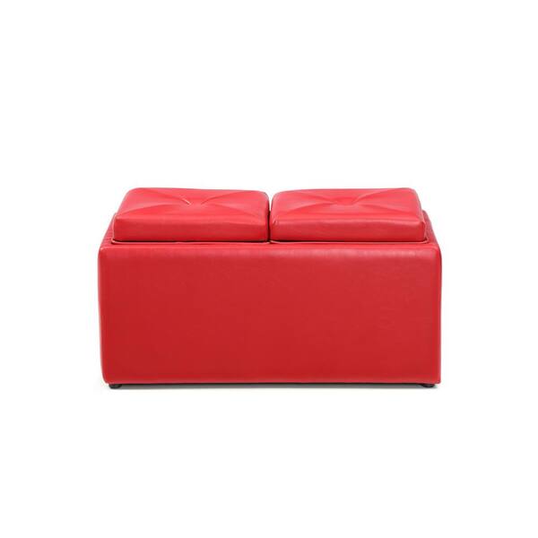 HODEDAH Faux Leather, Double Storage Red Ottoman with 2-Flip over Serving Trays