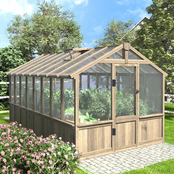 8 ft. W x 16 ft. D Cedar Wood Plant Greenhouse for Outdoors with 2-Adjustable Vents and Multi-Layer Polycarbonate Panels