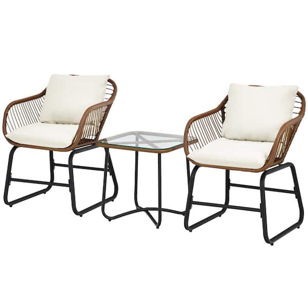 Gymax 3-Pieces Outdoor Bistro Set Patio Conversation Furniture Set with White Cushions