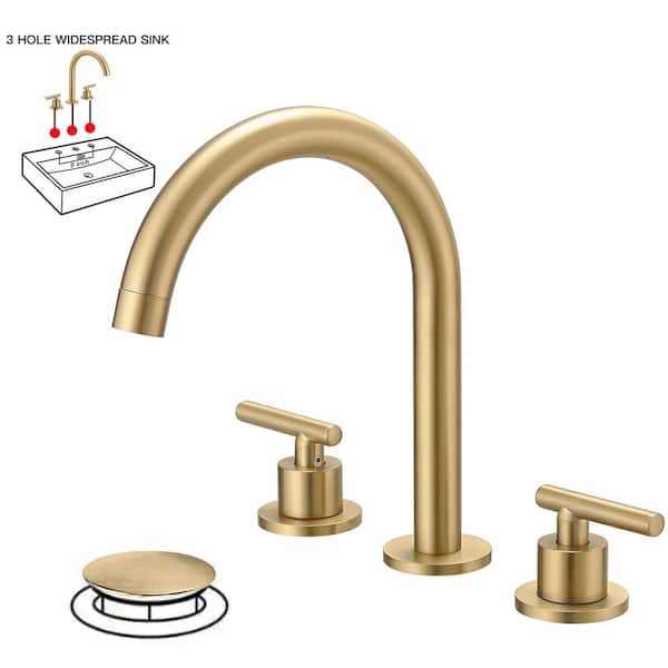 BWE 8 in. Widespread Double Handle High-Arc Bathroom Faucet Water-Saving With Drain Kit In Brushed Gold