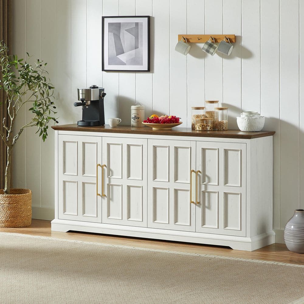 Rustic White and Walnut Wood Farmhouse Buffet Cabinet with 4 Raised Panel Doors for Living Room, Dining Room, Entryway
