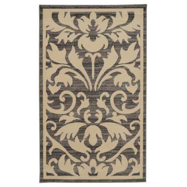 Linon Home Decor Kobe Damask Gray and Bone 4 ft. 4 in. x 7 ft. 3 in. Area Rug