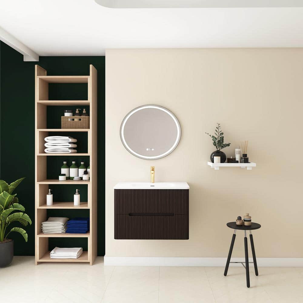 30 in. Wall-Mounted Dark Brown Bath Vanity with White Ceramic Top Assembled