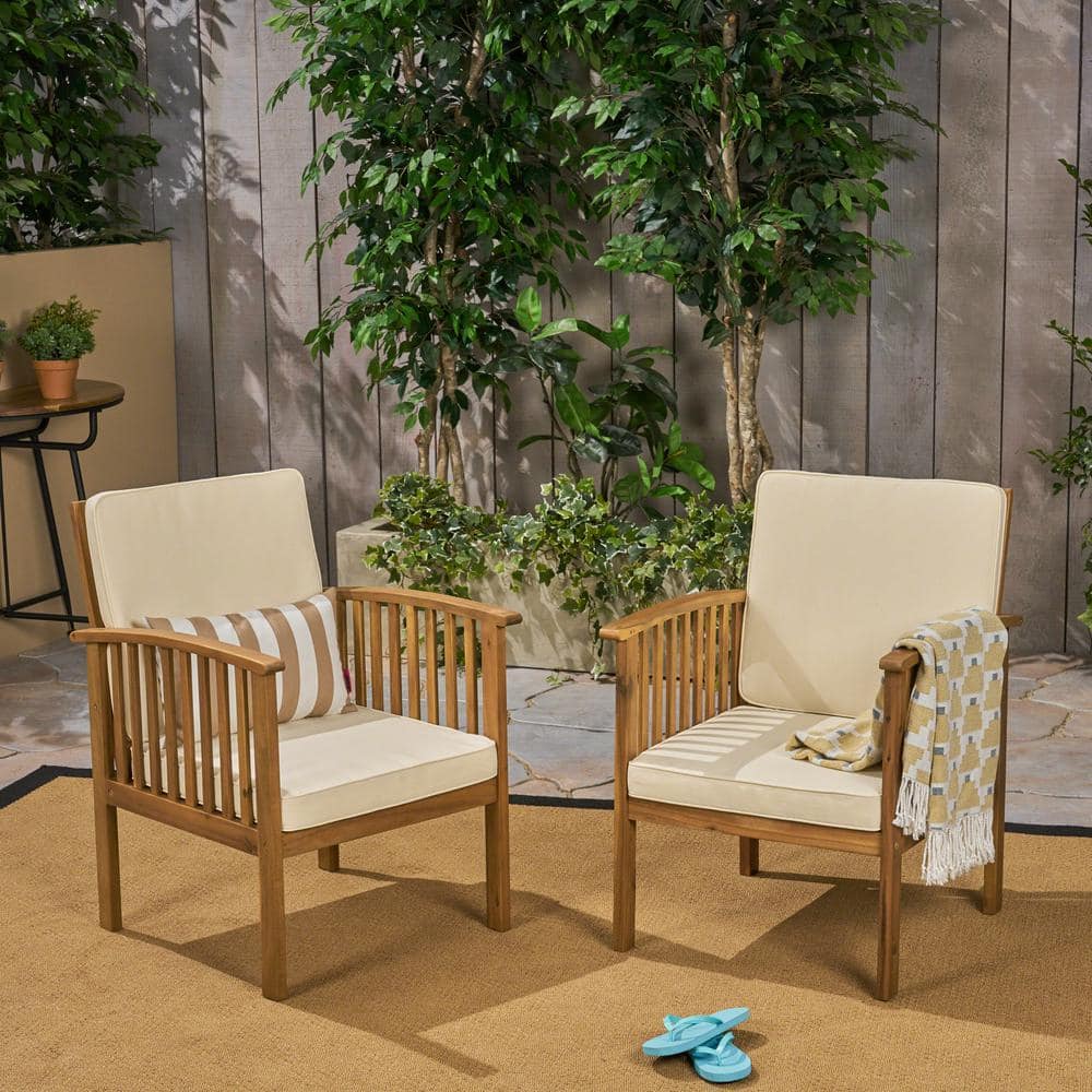 Gray Acacia Wood Outdoor Club Chairs with Cream Cushions