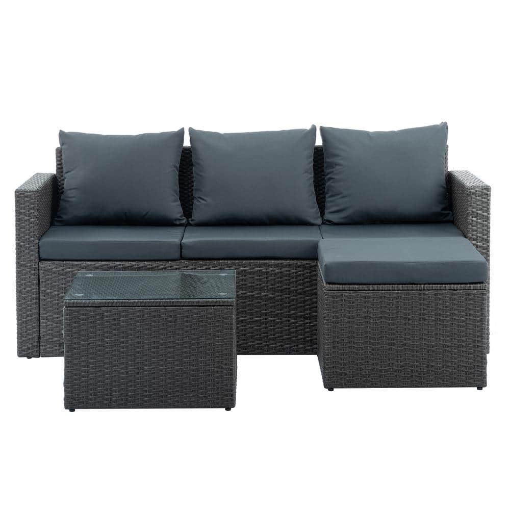 3-Piece Wicker Patio Conversation Set with Dark Gray Cushions, Outdoor Pati