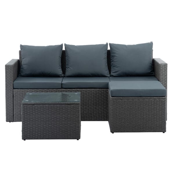 BTMWAY 3-Piece Wicker Patio Conversation Set with Dark Gray Cushions, Outdoor Patio Furniture Set with Coffee Table