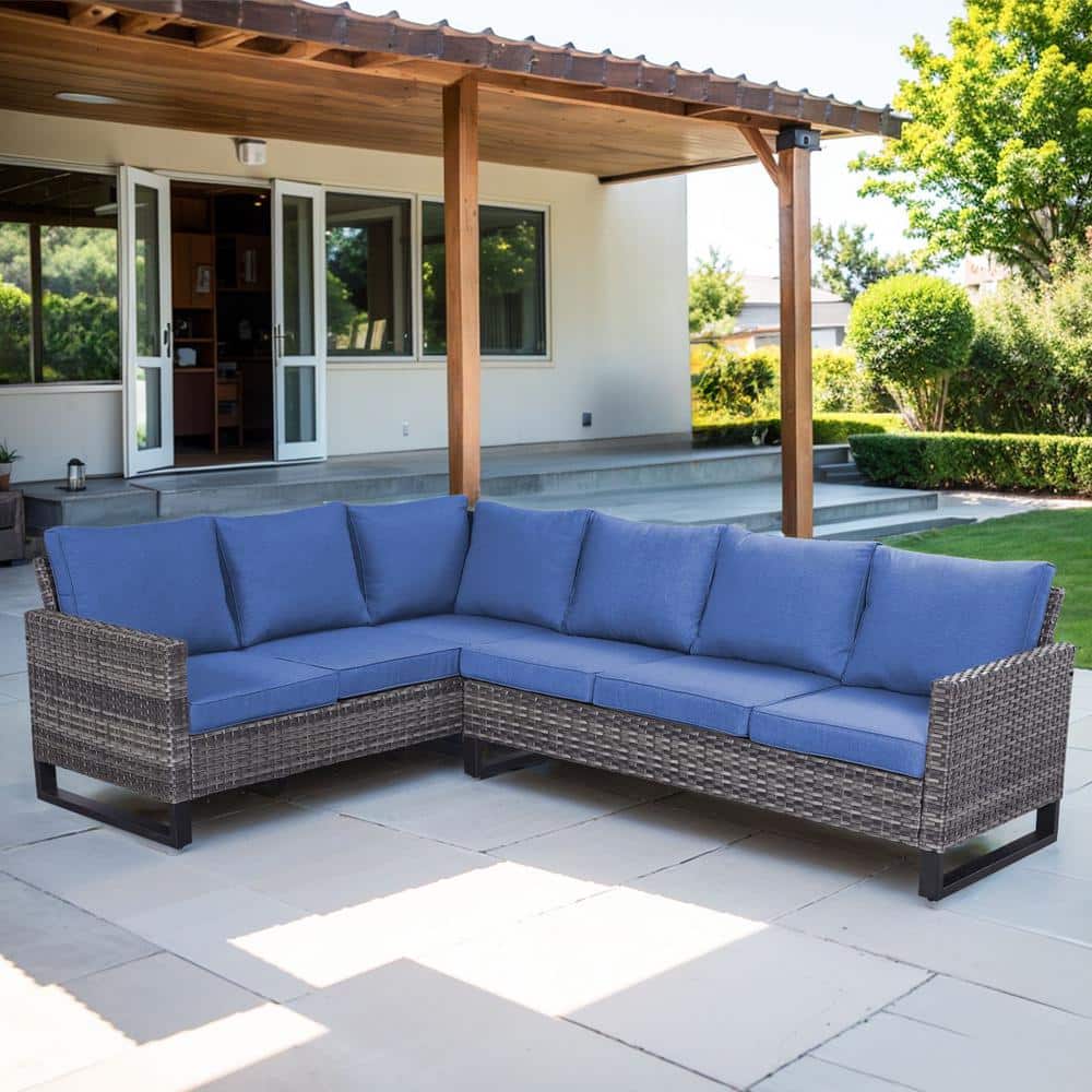 Valenta 3-Piece Gray Wicker Patio Conversation Set 6-Seater Outdoor Sectional Sofa Set with Blue Cushions price history on PriceWatchPro