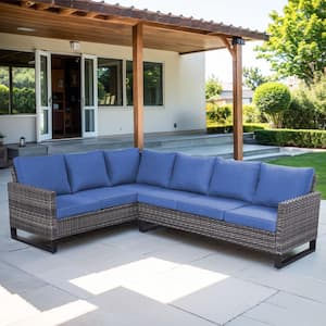 Valenta 3-Piece Gray Wicker Patio Conversation Set 6-Seater Outdoor Sectional Sofa Set with Blue Cushions