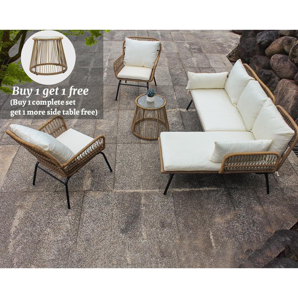 6-Piece Wicker Outdoor Sectional Conversation Sofa Set Balcony Lounge Chair with Beige Cushion & Tempered Glass Table -  Mondawe, MA-IPO4031S0