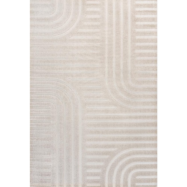 Anders High-Low MidCentury Modern Arch Stripe 2-Tone White/Cream 8 ft. x 10 ft. Indoor/Outdoor Area Rug