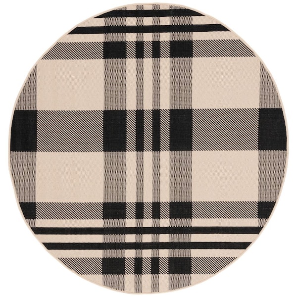 Courtyard Black/Bone 3 ft. x 3 ft. Plaid Indoor/Outdoor Round Area Rug