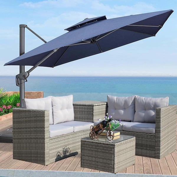 Unbranded 4-Pieces Patio Sectional Wicker Rattan Outdoor Furniture Sofa Sectional Set with Storage Box and Grey Cushions