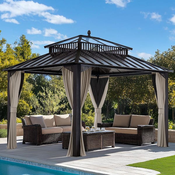 Kingston 12 ft. x 10 ft. Hardtop Gazebo with Steel and PC Roof, Brown Aluminum Frame, Curtains, and Netting