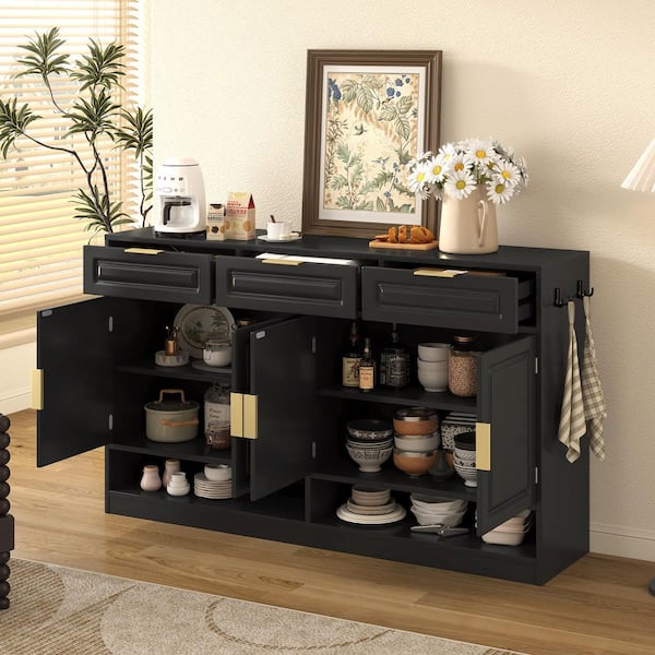 Farmhouse Black MDF Storage Buffet Sideboard with 3-Drawers and 4-Doors, Adjustable Shelf