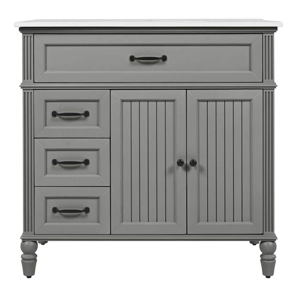 36 in. Freestanding Gray Bath Vanity with White Ceramic Top Unassembled